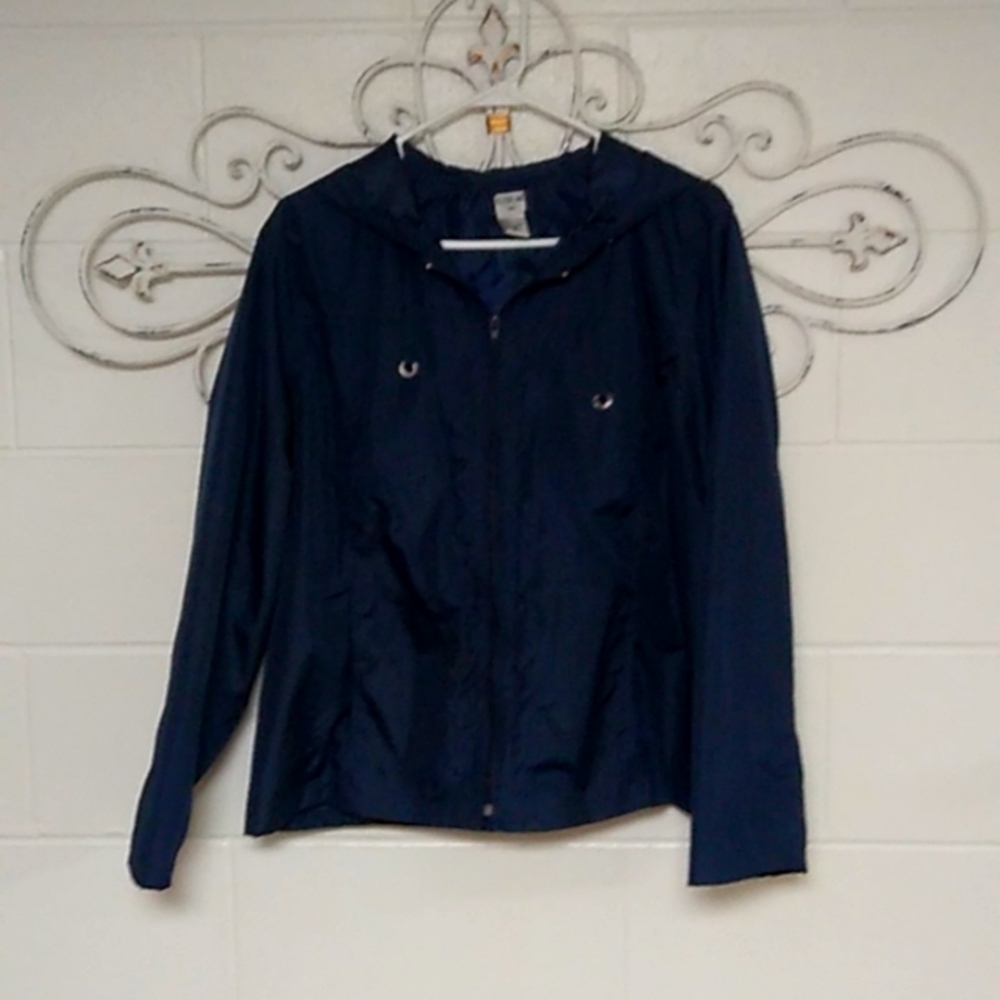 ALLISON LANE NAVY, LINED, HOODED, WINDBREAKER JACKET.